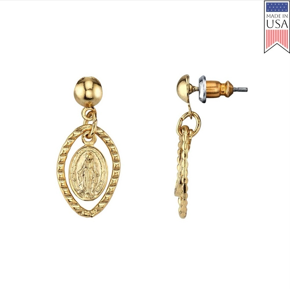 Symbols Of Faith Mother Mary Medallion Post Drop Earrings